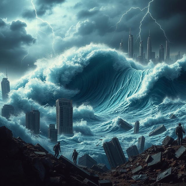 A cataclysmic tsunami engulfing a futuristic cityscape, showcasing destruction and chaos in a post-apocalyptic setting