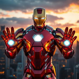 An epic representation of a character inspired by Iron Man, featuring a sleek, futuristic armored suit with vivid metallic colors - bright red and gold