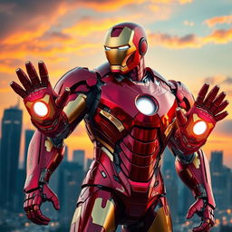 An epic representation of a character inspired by Iron Man, featuring a sleek, futuristic armored suit with vivid metallic colors - bright red and gold