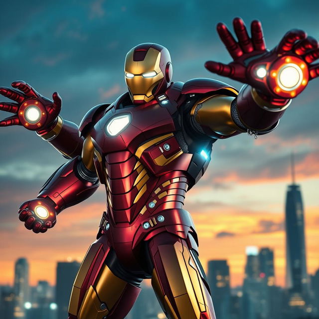 An epic representation of a character inspired by Iron Man, featuring a sleek, futuristic armored suit with vivid metallic colors - bright red and gold