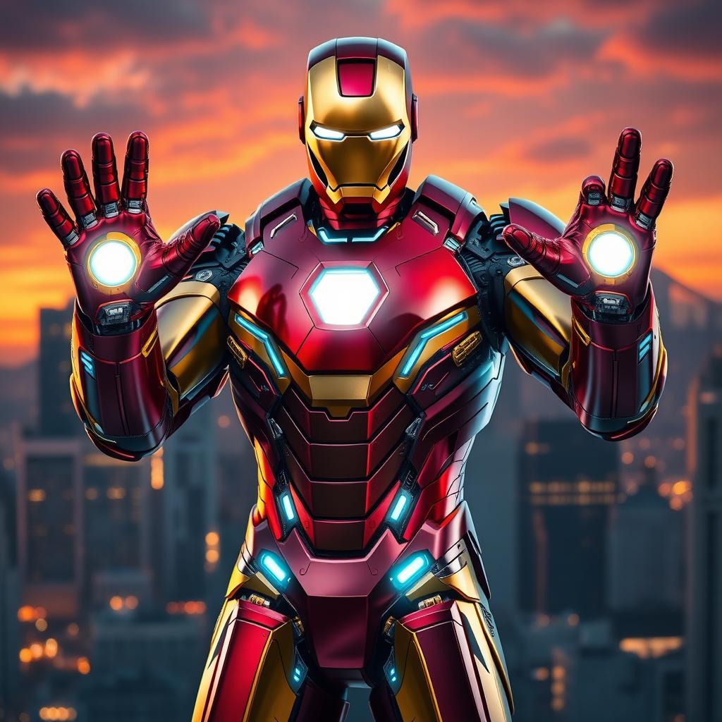 An epic representation of a character inspired by Iron Man, featuring a sleek, futuristic armored suit with vivid metallic colors - bright red and gold