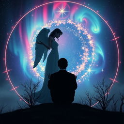 A cosmic themed circular background adorned with vibrant auroras and sparkling stars