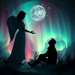 A cosmic themed circular background adorned with vibrant auroras and sparkling stars