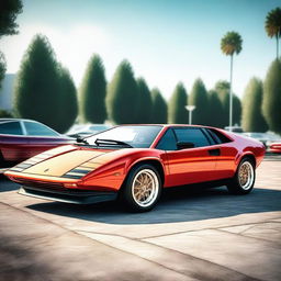 A high-quality digital rendering of a 1980 model Lamborghini car, set against the backdrop of a car show