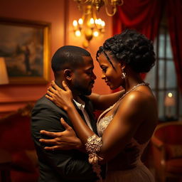 A scenic and tasteful portrayal of intimacy between two ebony adults, showcasing their chemistry and connection in a romantic atmosphere