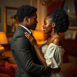 A scenic and tasteful portrayal of intimacy between two ebony adults, showcasing their chemistry and connection in a romantic atmosphere