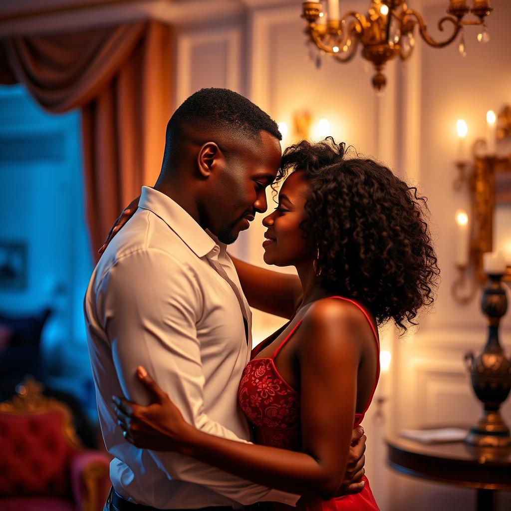 A scenic and tasteful portrayal of intimacy between two ebony adults, showcasing their chemistry and connection in a romantic atmosphere