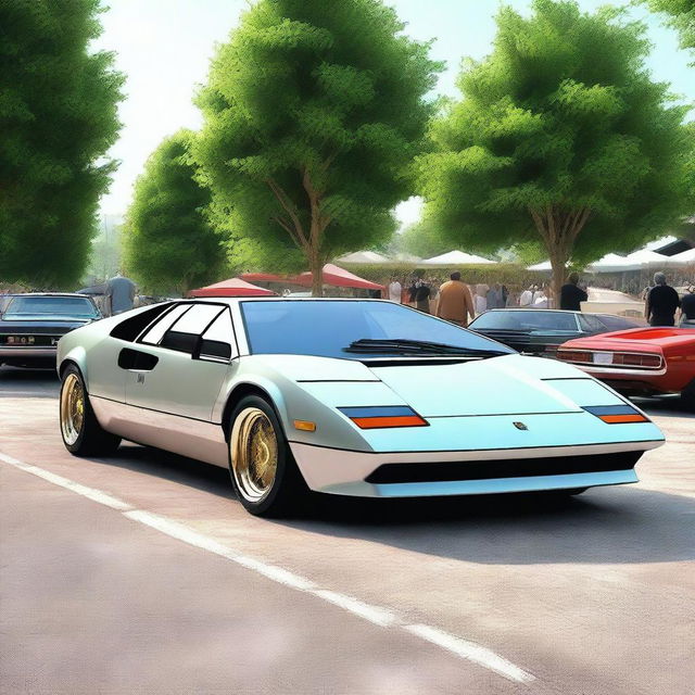 A high-quality digital rendering of a 1980 model Lamborghini car, set against the backdrop of a car show