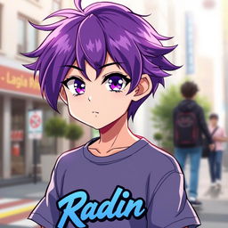 An anime boy with vibrant purple hair that flows stylishly and striking purple eyes that shine with a playful glint