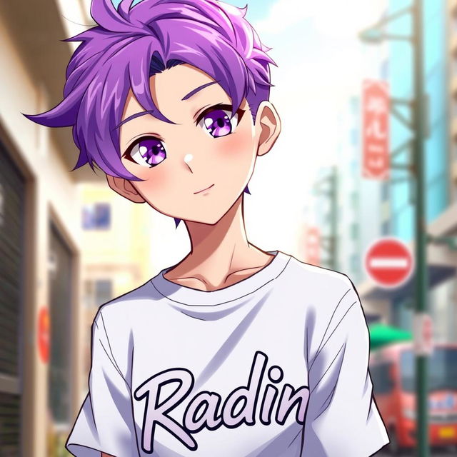 An anime boy with vibrant purple hair that flows stylishly and striking purple eyes that shine with a playful glint