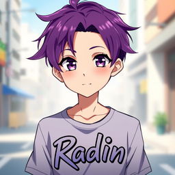 An anime boy with vibrant purple hair that flows stylishly and striking purple eyes that shine with a playful glint