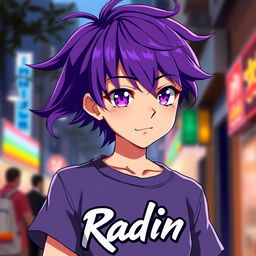 An anime boy with vibrant purple hair that flows stylishly and striking purple eyes that shine with a playful glint