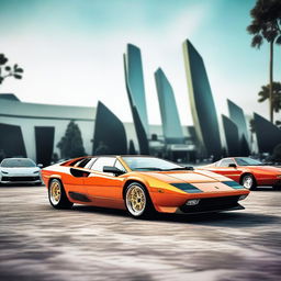 A high-quality digital rendering of a 1980 model Lamborghini car, set against the backdrop of a car show