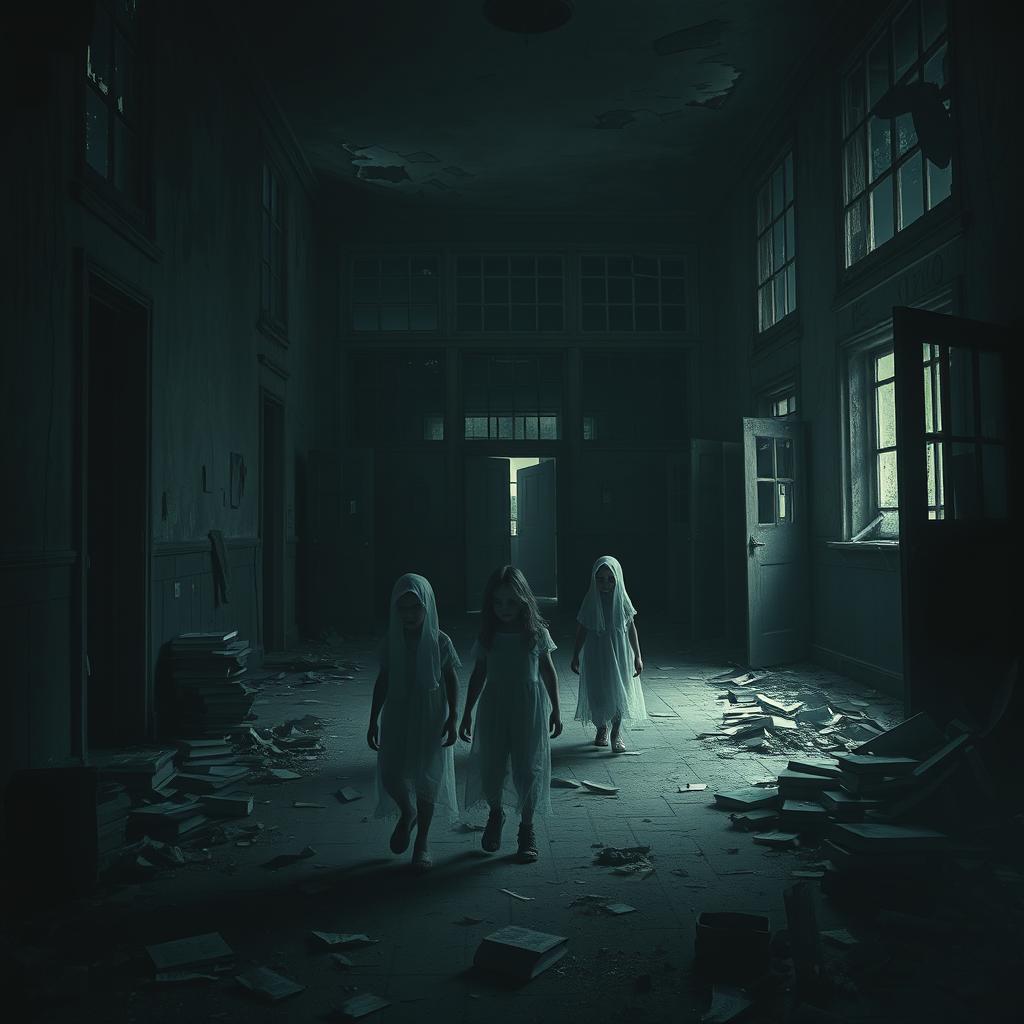 A dark and haunting depiction of an old, abandoned school building, its windows shattered and doors ajar, implying a history of sorrow and mistreatment