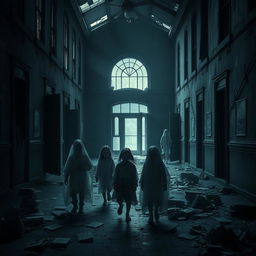A dark and haunting depiction of an old, abandoned school building, its windows shattered and doors ajar, implying a history of sorrow and mistreatment