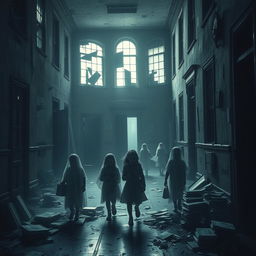 A dark and haunting depiction of an old, abandoned school building, its windows shattered and doors ajar, implying a history of sorrow and mistreatment