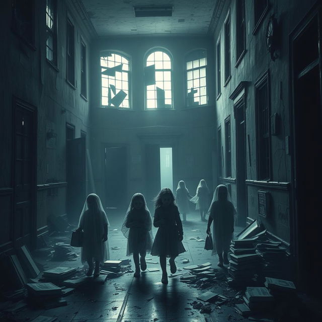 A dark and haunting depiction of an old, abandoned school building, its windows shattered and doors ajar, implying a history of sorrow and mistreatment