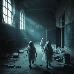 A dark and haunting depiction of an old, abandoned school building, its windows shattered and doors ajar, implying a history of sorrow and mistreatment