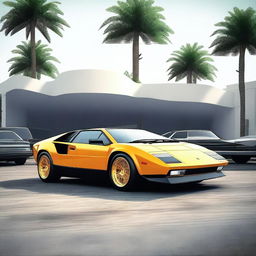 A high-quality digital rendering of a 1980 model Lamborghini car, set against the backdrop of a car show