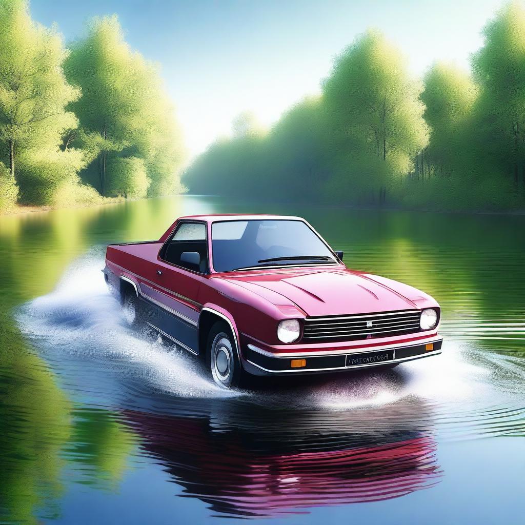 A high-quality digital rendering of an 80s-style amphibious car crossing a river