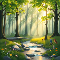 An illustration of a serene forest scene at dawn, featuring tall, lush green trees with vibrant leaves, sunbeams filtering through the branches, and a gentle mist hovering above the forest floor