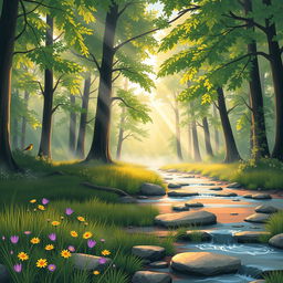 An illustration of a serene forest scene at dawn, featuring tall, lush green trees with vibrant leaves, sunbeams filtering through the branches, and a gentle mist hovering above the forest floor