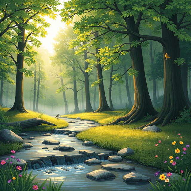 An illustration of a serene forest scene at dawn, featuring tall, lush green trees with vibrant leaves, sunbeams filtering through the branches, and a gentle mist hovering above the forest floor