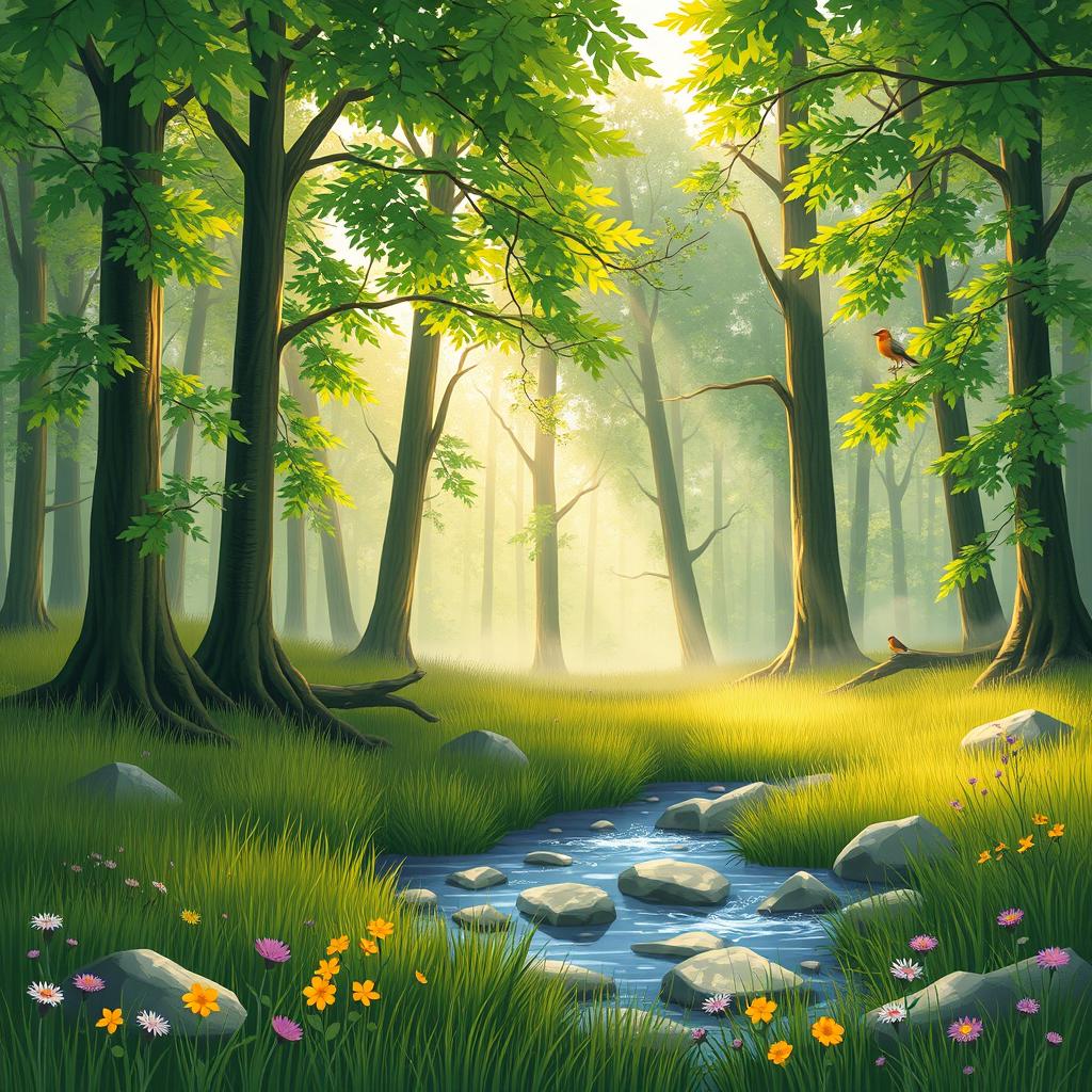 An illustration of a serene forest scene at dawn, featuring tall, lush green trees with vibrant leaves, sunbeams filtering through the branches, and a gentle mist hovering above the forest floor