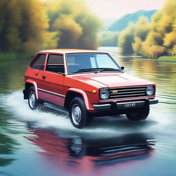 A high-quality digital rendering of an 80s-style amphibious car crossing a river