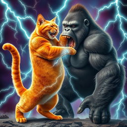 A surreal scene of a big orange bodybuilder cat and a huge gorilla locked in a playful embrace, both straining with exaggerated expressions as they generate sparks of electricity around them
