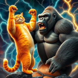 A surreal scene of a big orange bodybuilder cat and a huge gorilla locked in a playful embrace, both straining with exaggerated expressions as they generate sparks of electricity around them