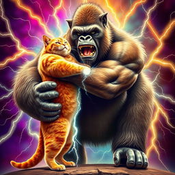 A surreal scene of a big orange bodybuilder cat and a huge gorilla locked in a playful embrace, both straining with exaggerated expressions as they generate sparks of electricity around them