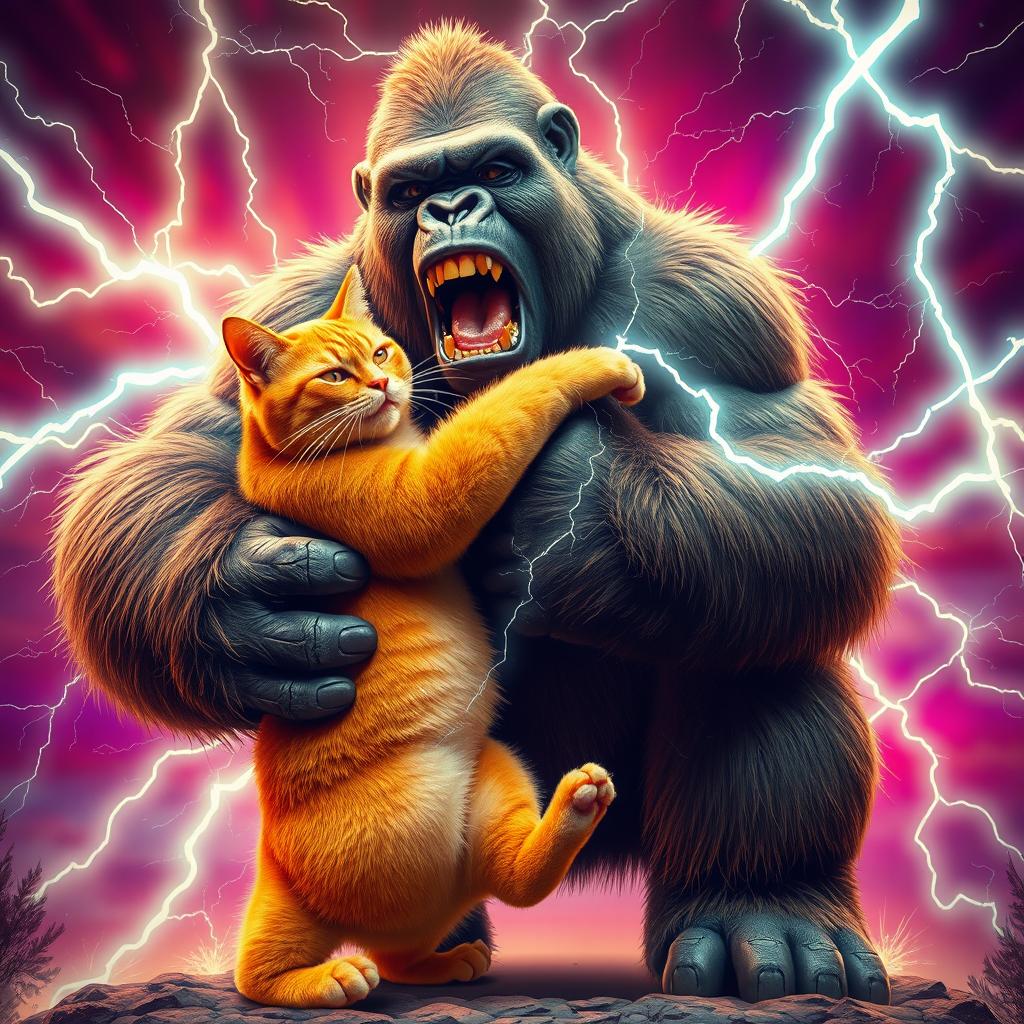 A surreal scene of a big orange bodybuilder cat and a huge gorilla locked in a playful embrace, both straining with exaggerated expressions as they generate sparks of electricity around them