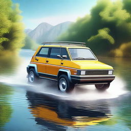 A high-quality digital rendering of an 80s-style amphibious car crossing a river