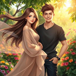 A beautiful, artistic rendering of a confident young couple, a girl with flowing long hair wearing an elegant, semi-transparent fabric that drapes gracefully, showcasing her artistic beauty and form
