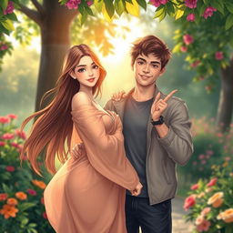A beautiful, artistic rendering of a confident young couple, a girl with flowing long hair wearing an elegant, semi-transparent fabric that drapes gracefully, showcasing her artistic beauty and form