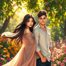 A beautiful, artistic rendering of a confident young couple, a girl with flowing long hair wearing an elegant, semi-transparent fabric that drapes gracefully, showcasing her artistic beauty and form