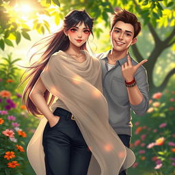 A beautiful, artistic rendering of a confident young couple, a girl with flowing long hair wearing an elegant, semi-transparent fabric that drapes gracefully, showcasing her artistic beauty and form