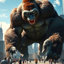 A colossal gorilla towering over skyscrapers in a bustling cityscape, its muscular frame exuding raw power as it lets out a mighty roar, sending small, frightened people scattering in all directions