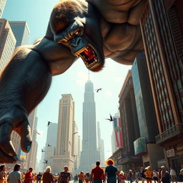 A colossal gorilla towering over skyscrapers in a bustling cityscape, its muscular frame exuding raw power as it lets out a mighty roar, sending small, frightened people scattering in all directions