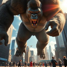 A colossal gorilla towering over skyscrapers in a bustling cityscape, its muscular frame exuding raw power as it lets out a mighty roar, sending small, frightened people scattering in all directions