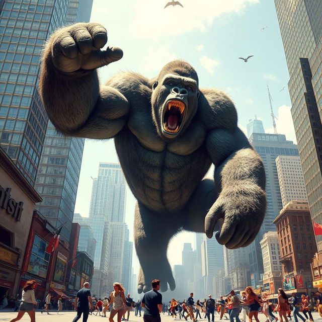 A colossal gorilla towering over skyscrapers in a bustling cityscape, its muscular frame exuding raw power as it lets out a mighty roar, sending small, frightened people scattering in all directions