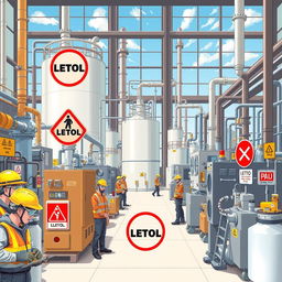 A detailed illustration of a chemical factory, bustling with activity