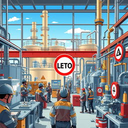 A detailed illustration of a chemical factory, bustling with activity
