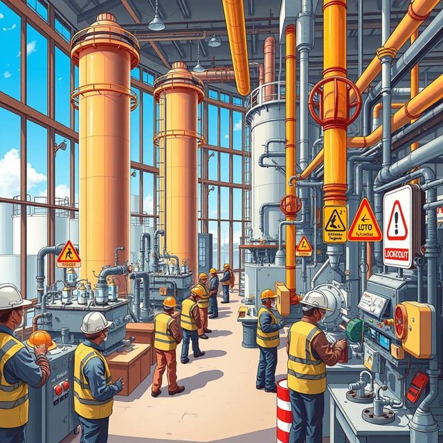 A detailed illustration of a chemical factory, bustling with activity