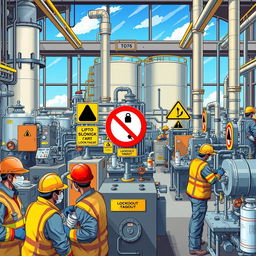 A detailed illustration of a chemical factory, bustling with activity