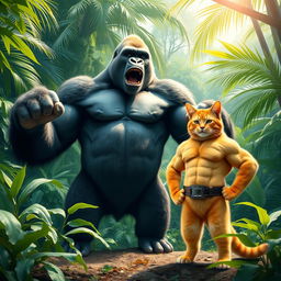 A massive, powerful gorilla standing in a lush, green jungle environment, flexing its muscles and showing dominance