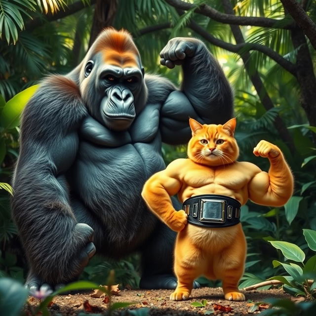 A massive, powerful gorilla standing in a lush, green jungle environment, flexing its muscles and showing dominance