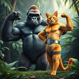 A massive, powerful gorilla standing in a lush, green jungle environment, flexing its muscles and showing dominance