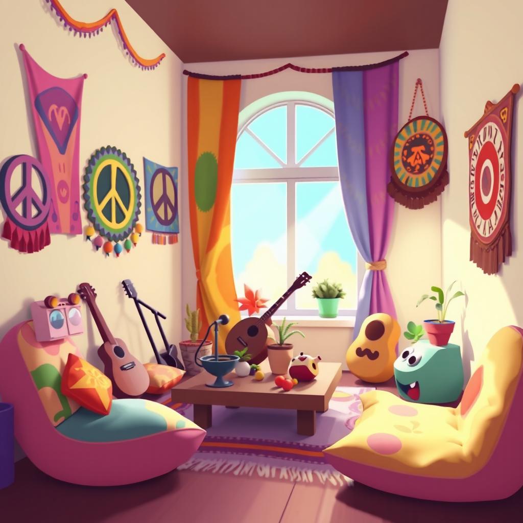 A vibrant 2D room designed for a hippie character in a one-on-one style, inspired by the playful aesthetics of the game IncredyBox